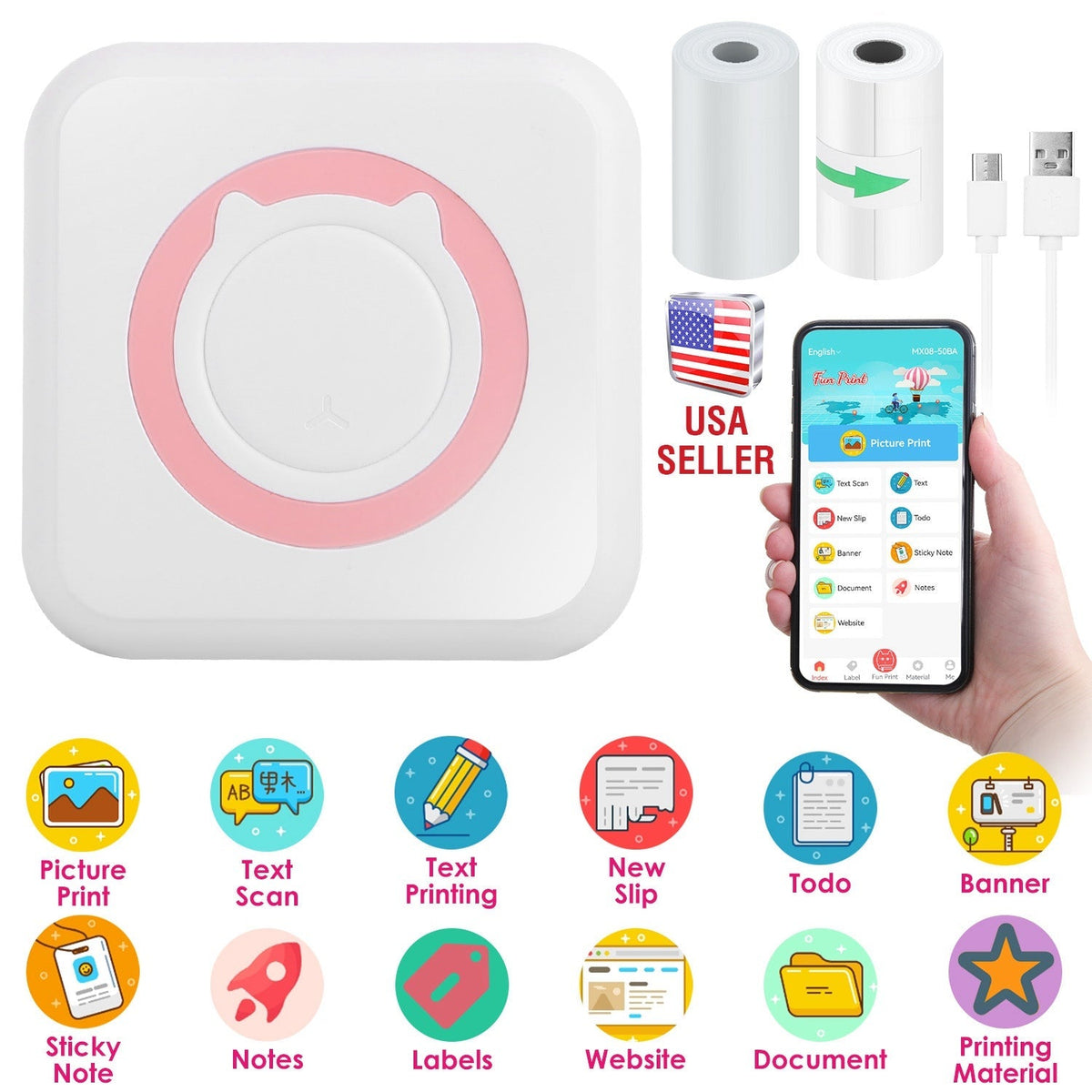 Pocket Wireless Thermal Printer Portable Mini Sticker Maker Machine Rechargeable Inkless Photo PrinterÊfor Printing Label Journal Study Notes Memo Pho