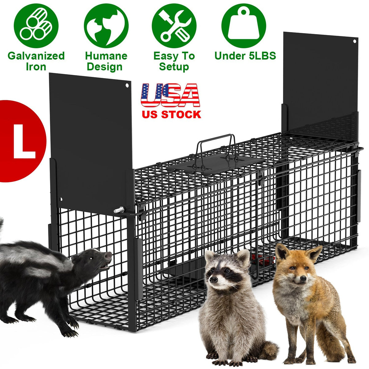 40in 2 Door Live Animal Cage Trap For Animals Under 18LBS Easy To Setup Humane Galvanized Iron Trap Cage For Raccoons Armadillos Foxes Opossums Muskra