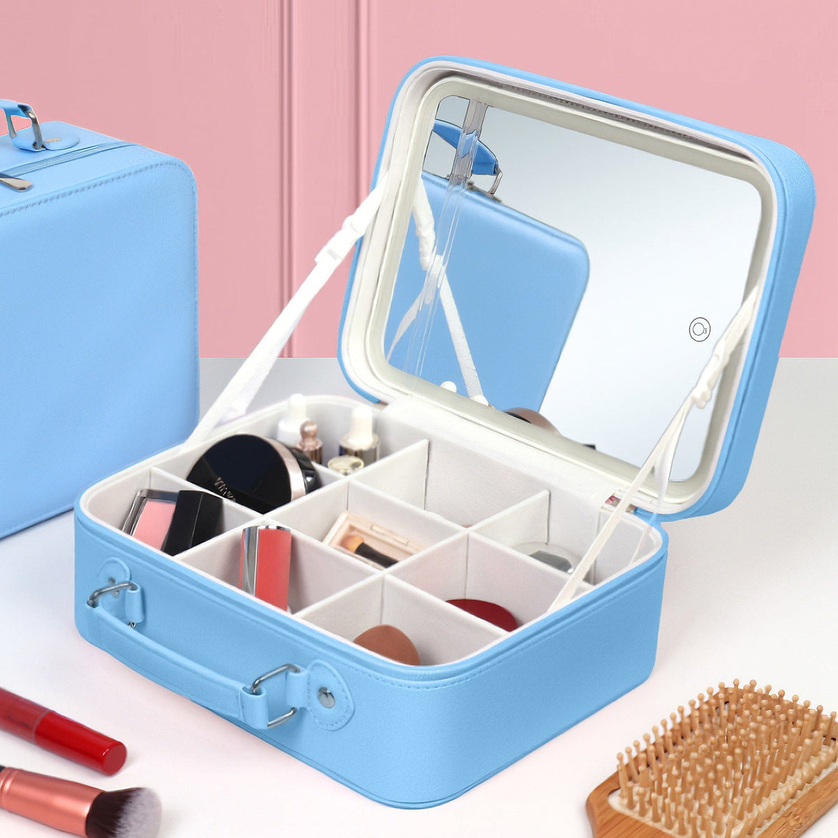 Travel Makeup Bag With 3 Light Colors Dimmable Brightness LED Mirror Detachable 10X Magnifying Mirror Adjustable Dividers Portable Waterproof Cosmetic