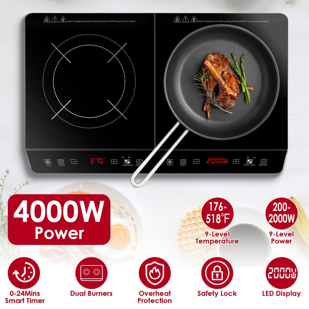 4000W Induction Cooktop Portable Double Induction Cooker Electric Dual Burner Stove Countertop Hot Plate with 9 Power 9 Temperature 0-3H Timer