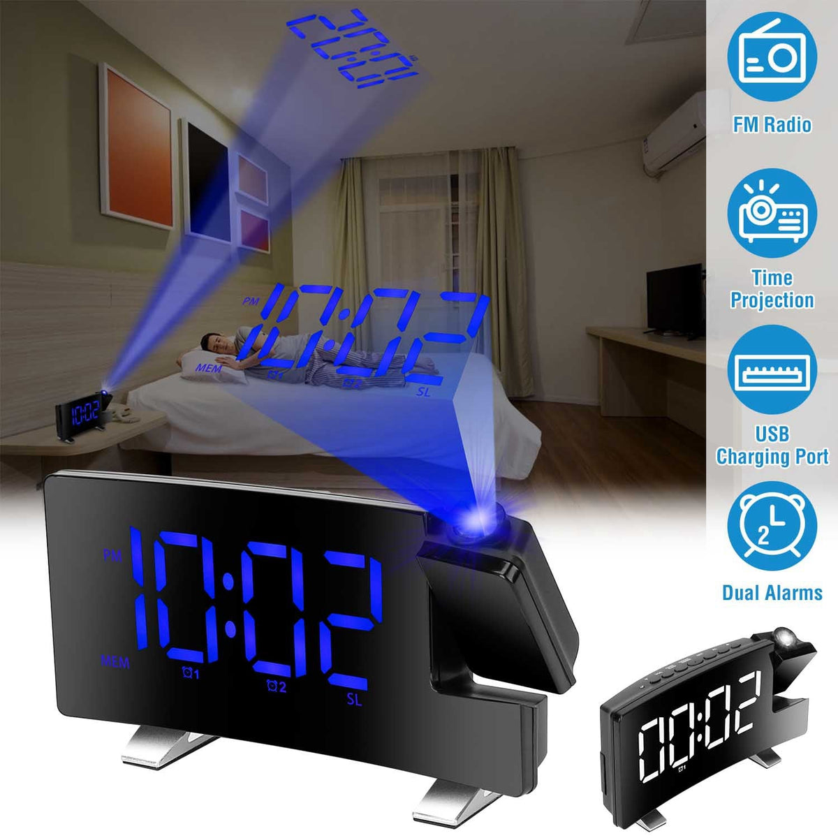 Projection Alarm Clock with Radio Function 7.7In Curved-Screen LED Digital Alarm Clock w/ Dual Alarms 4 Dimmer 12/24 Hour USB Charging Port 180¡ Rotat