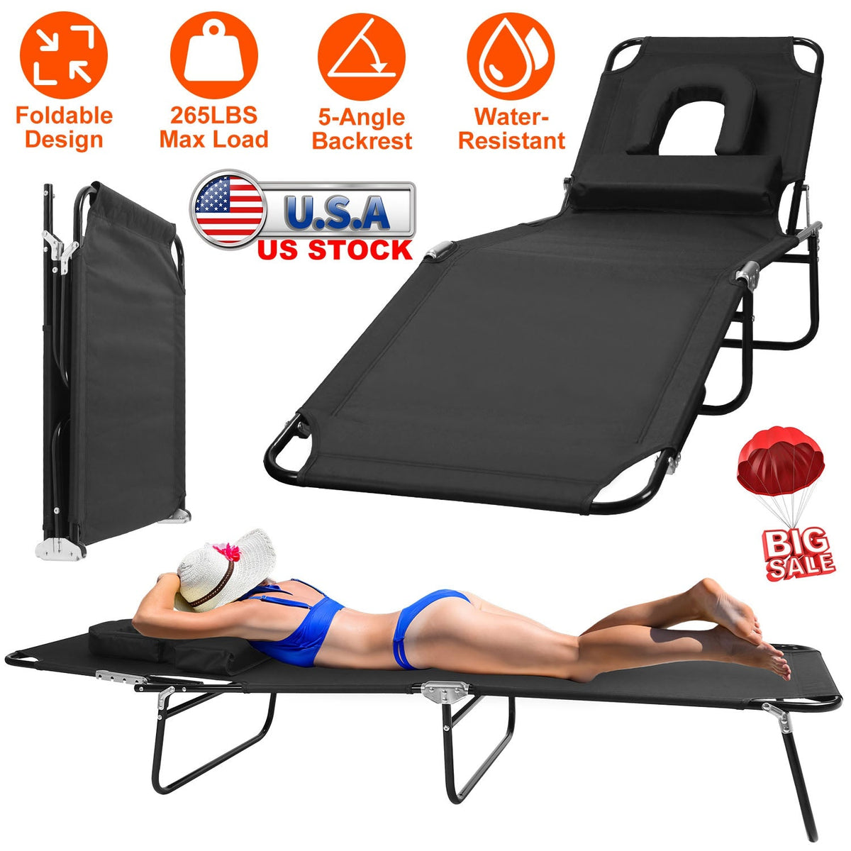 Folding Beach Lounge Chair Face DownÊTanning Chaise Sunbathing Recliner 265LBS Max Load with 5-Angle Backrest 3 Removable Pillows for Beach Pool Lawn