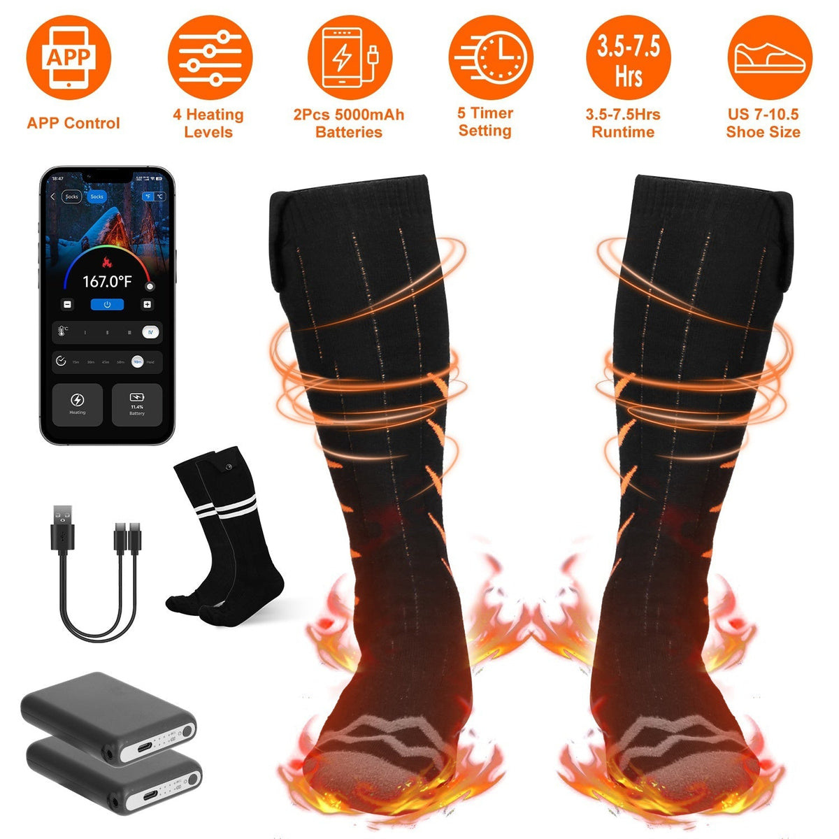 Heated Socks for Men Women Electric Heating Socks with APP Control 5000mAh Battery RechargeableÊThermal Socks Winter Warm Socks for Skiing Hiking Camp