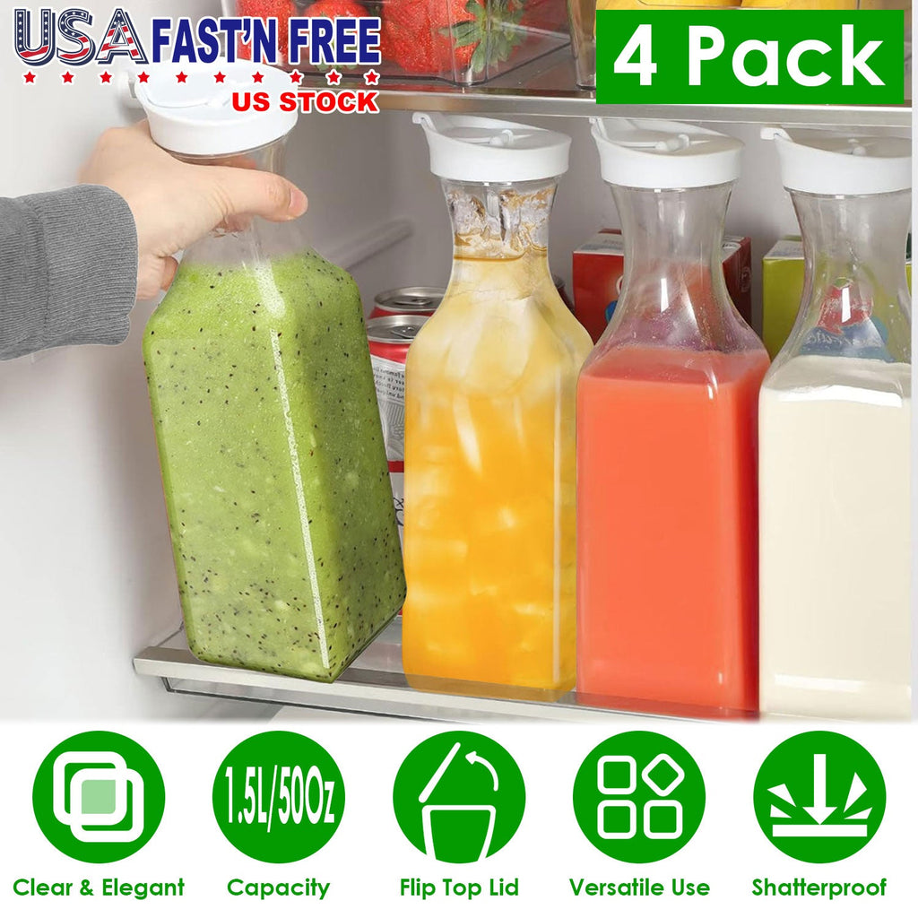4 Pack 50Oz Water Carafes with Flip Top Lids Square Juice Containers for Fridge Plastic Clear Pitchers for Water Iced Tea Juice Lemonade Milk Cold Bre