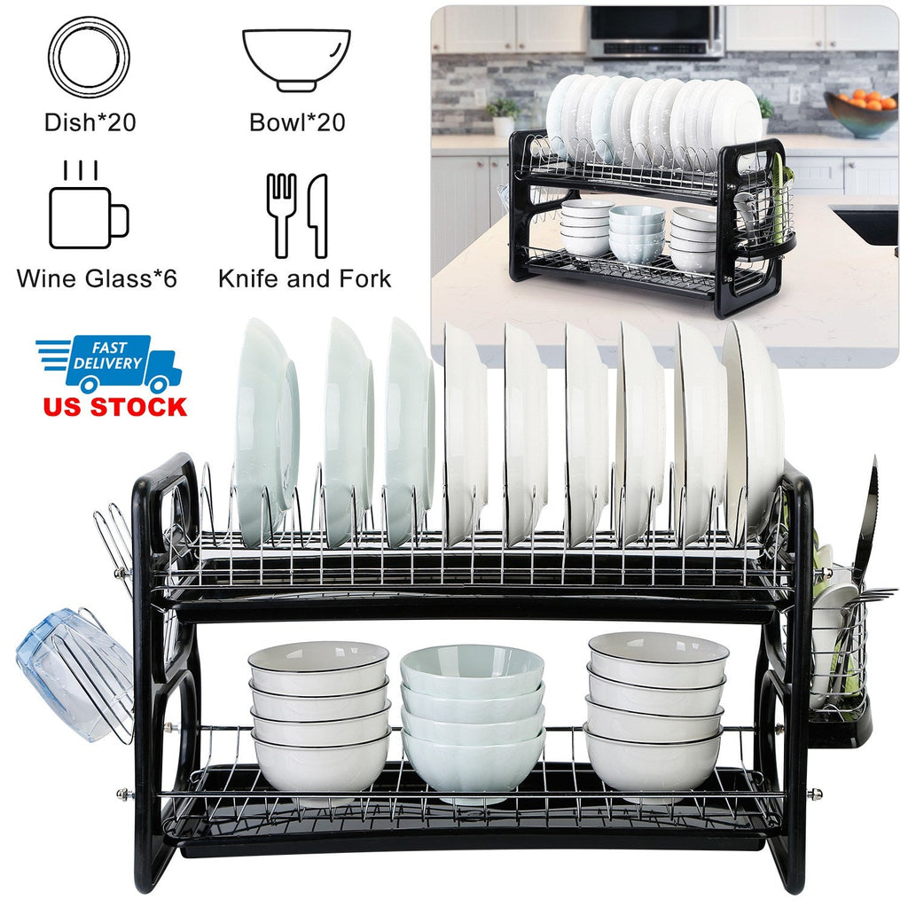2 Tier Iron Dish Drying Rack Drainboard Set with Large Storage Anti-Rust Dish Drainer Shelf Tableware Holder Cup Holder For Kitchen Counter Storage