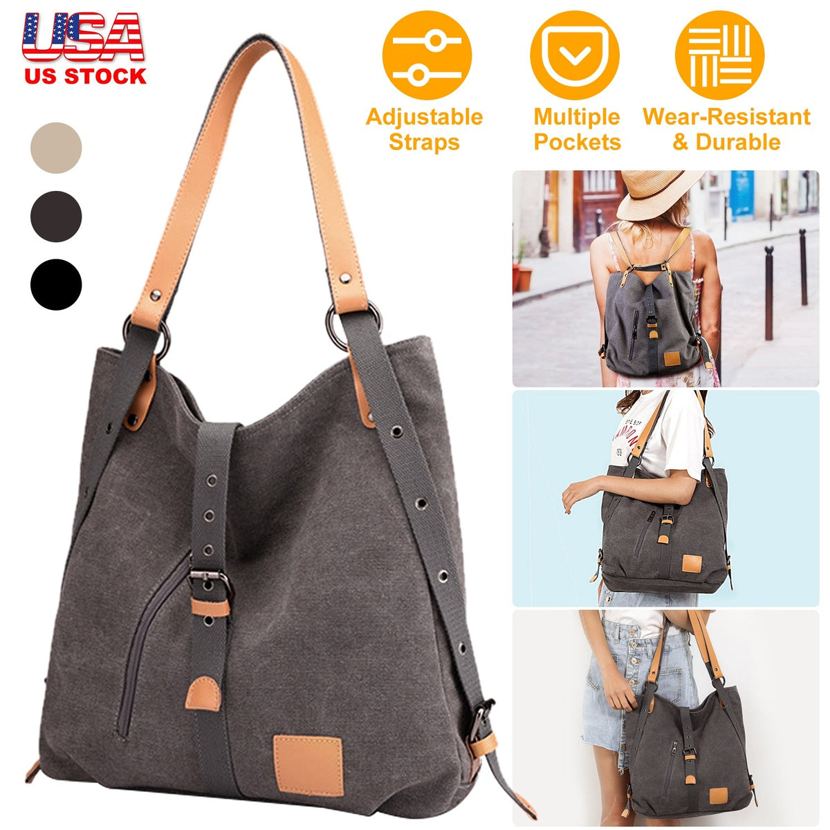 Ladies Canvas Tote Bag Multifunctional Purse Handbag Adjustable Shoulder Rucksack Convertible Backpack Wear-Resistant Dirt-Proof For Women School Offi