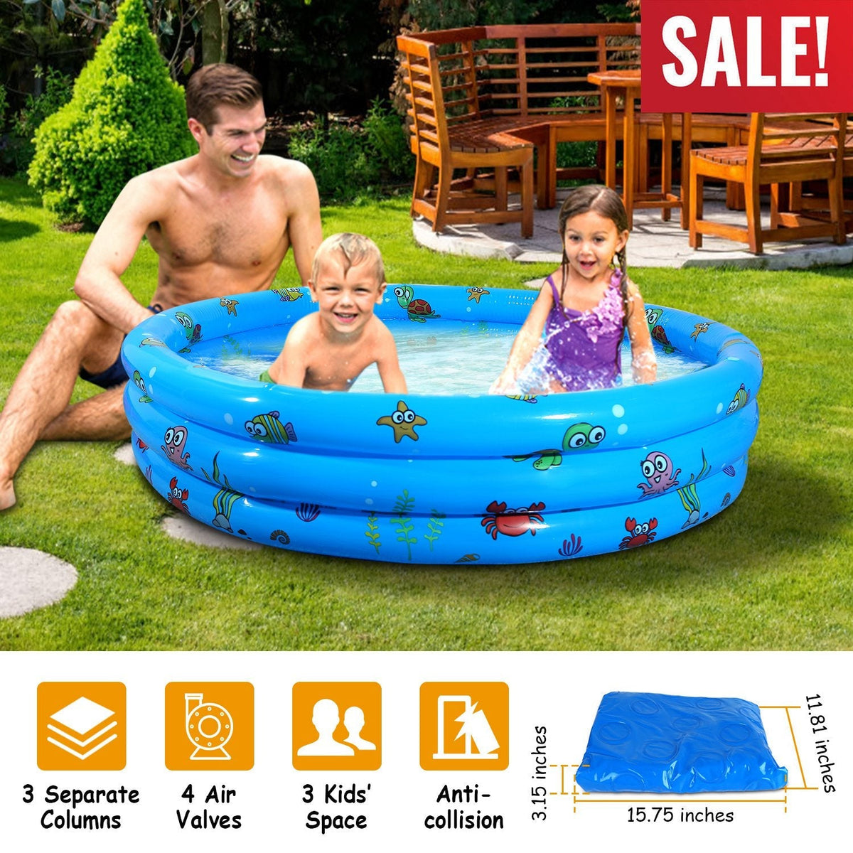 51x13Ó Inflatable Swimming Pool Blow Up Family Pool For 3 Kids Foldable Swim Ball Pool Center w/ 4 Valves Bottom Water Drain Plug For Indoor Backyard