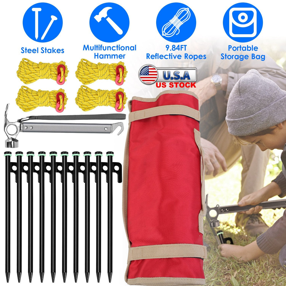 Tent Stakes Camping Hammer Tent Pegs Set Camping Accessories Kit with 9.84FT Reflective Ropes for Camping Hiking Canopy