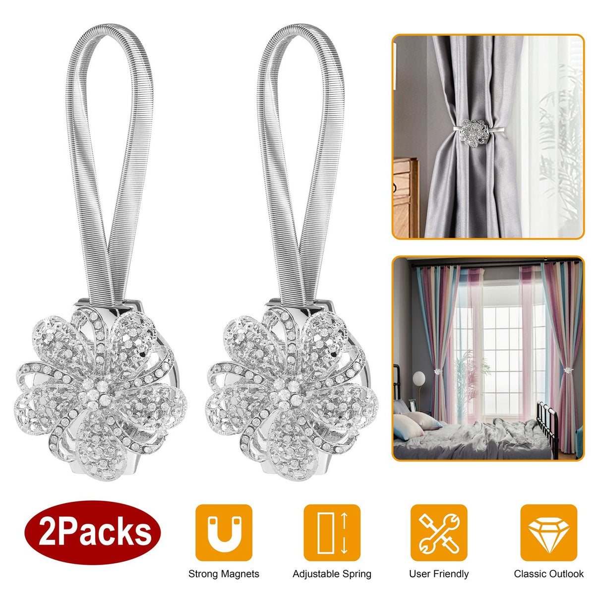 2 Packs Magnetic Curtain Tiebacks Extendable Floral Drape Holder Decorative Window Hangings Clip for Living Room Restaurant Apartment