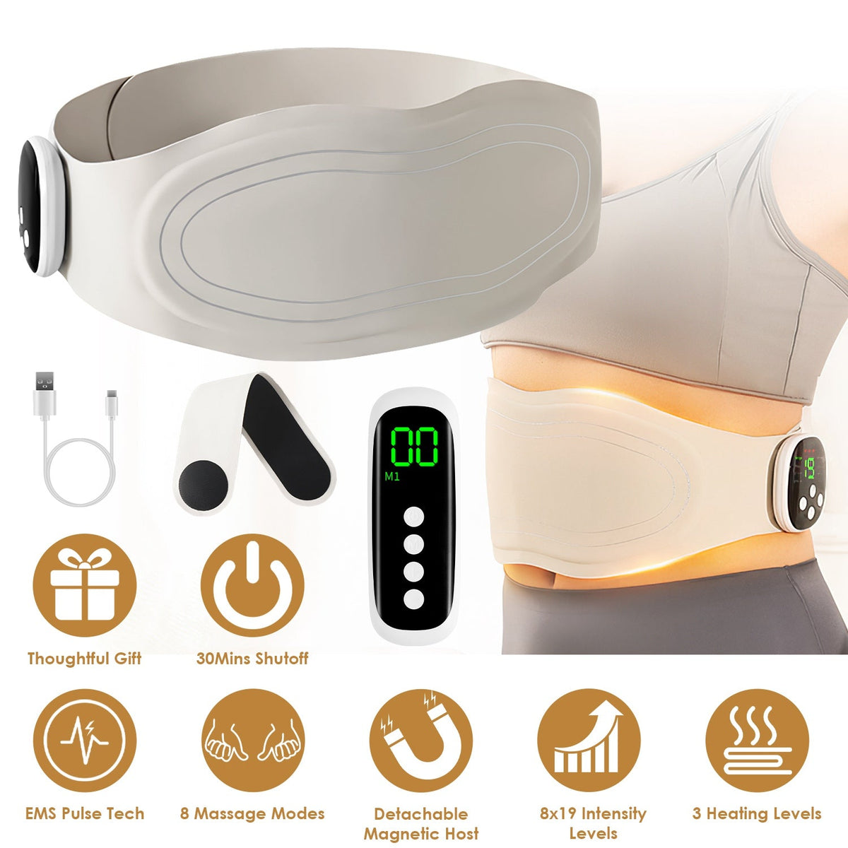 EMS Lower Back Massager Heating Pad Cordless Heating Pad for Back Belly Waist with Remote Magnetic Host 8 Modes 19 Intensity Levels 3 Heating Levels