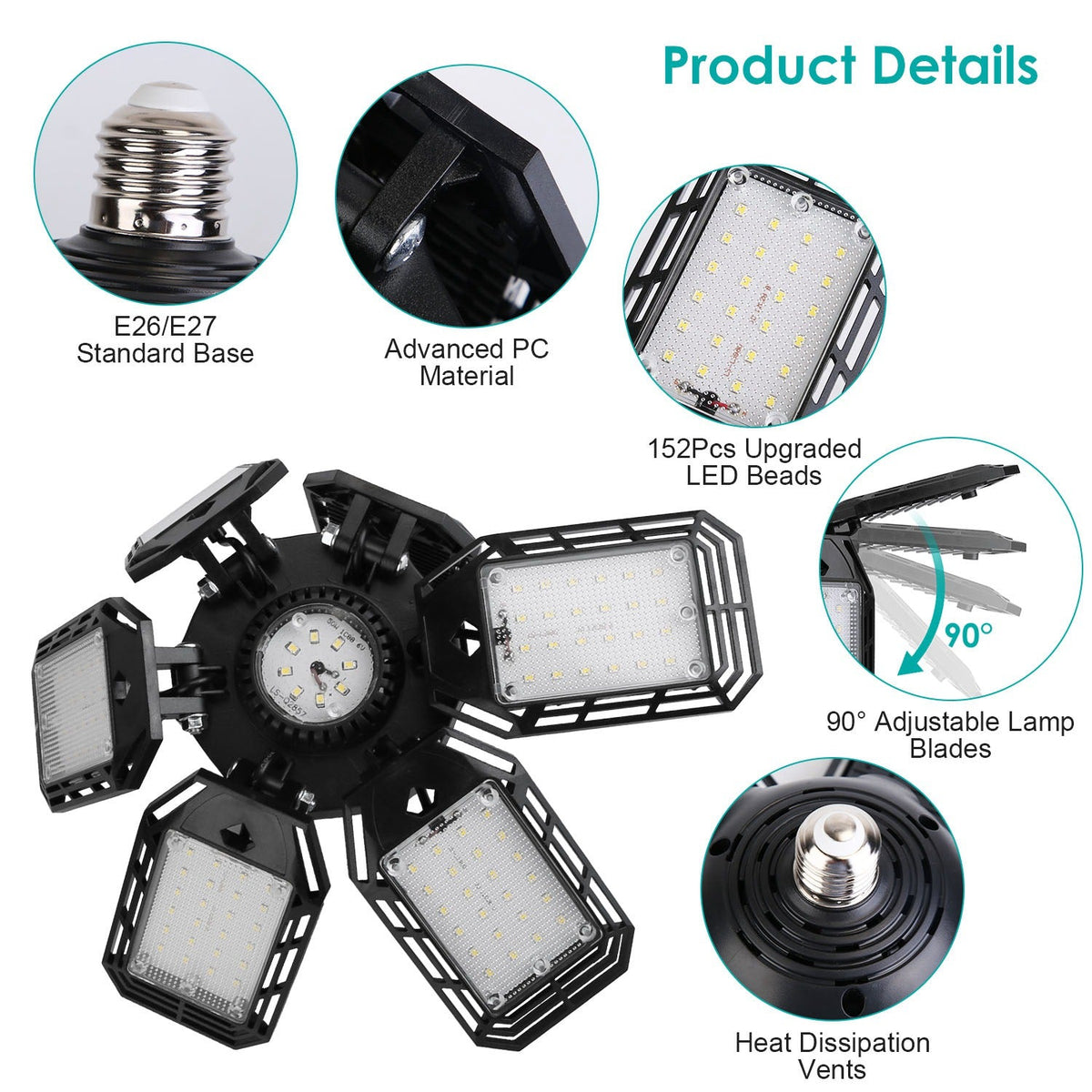 2 Packs LED Garage Lights 160W LED Shop Light Deformable E26/E27 Garage Ceiling Lights with 6 Adjustable Lighting Blades for Garage Basement Shop
