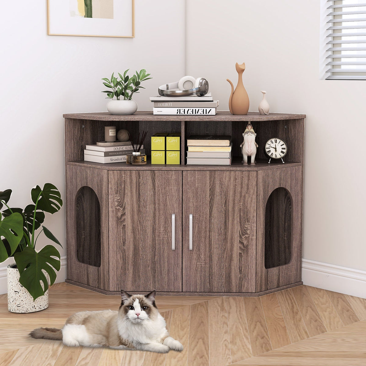 Corner Cat Litter Box Enclosure with Storage Shelves and Double Doors-Gray