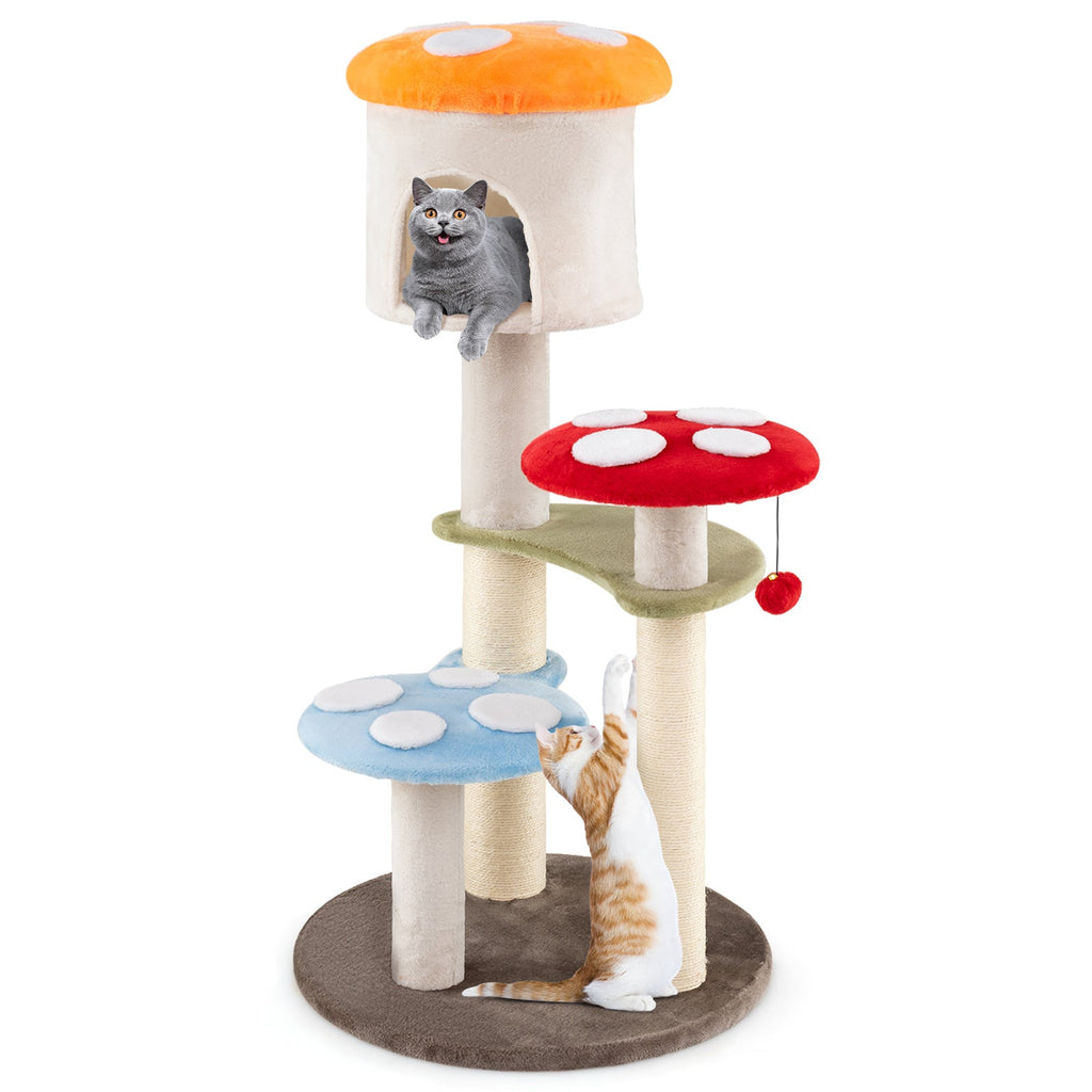 Cute Mushroom Cat Tree with Sisal Scratching Posts Top Condo and Padded Platforms-Multicolor