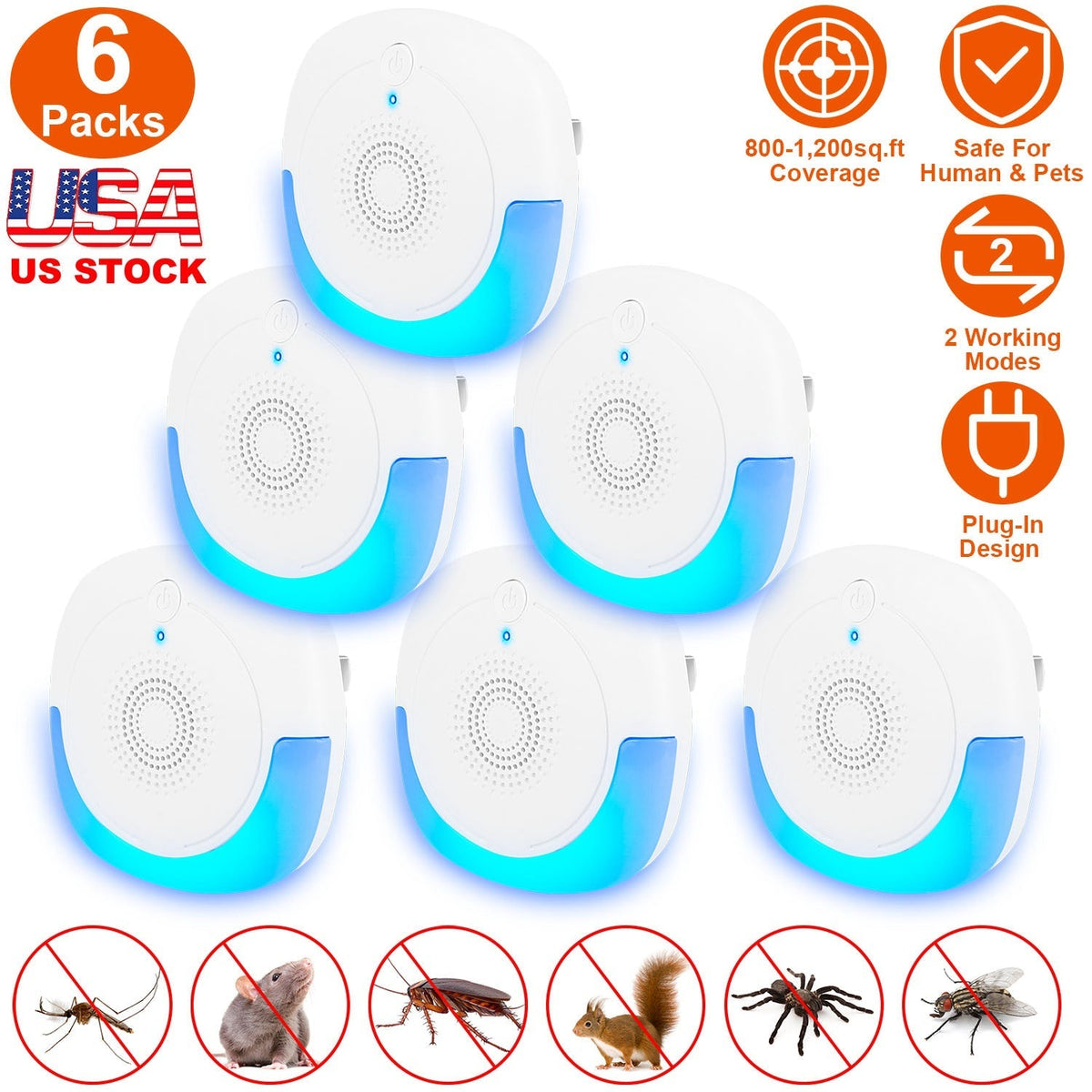 6 Packs Ultrasonic Pest Repellers Plug-In Indoor Pest Control Mouse Repellent Chaser Deterrent for Home Kitchen Office Warehouse Hotel