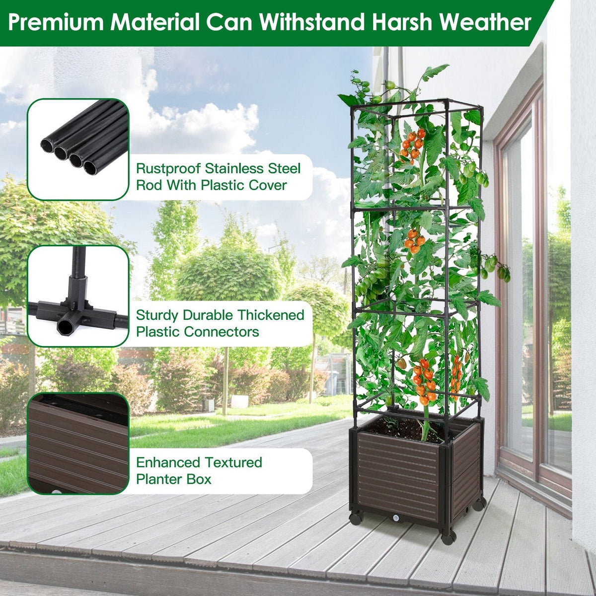 62.99IN Raised Garden Bed Planter Box with Trellis Wheels Self-Watering Vertical Raised Planter Box Crater for Climbing Plants Vegetable Vine Flowers