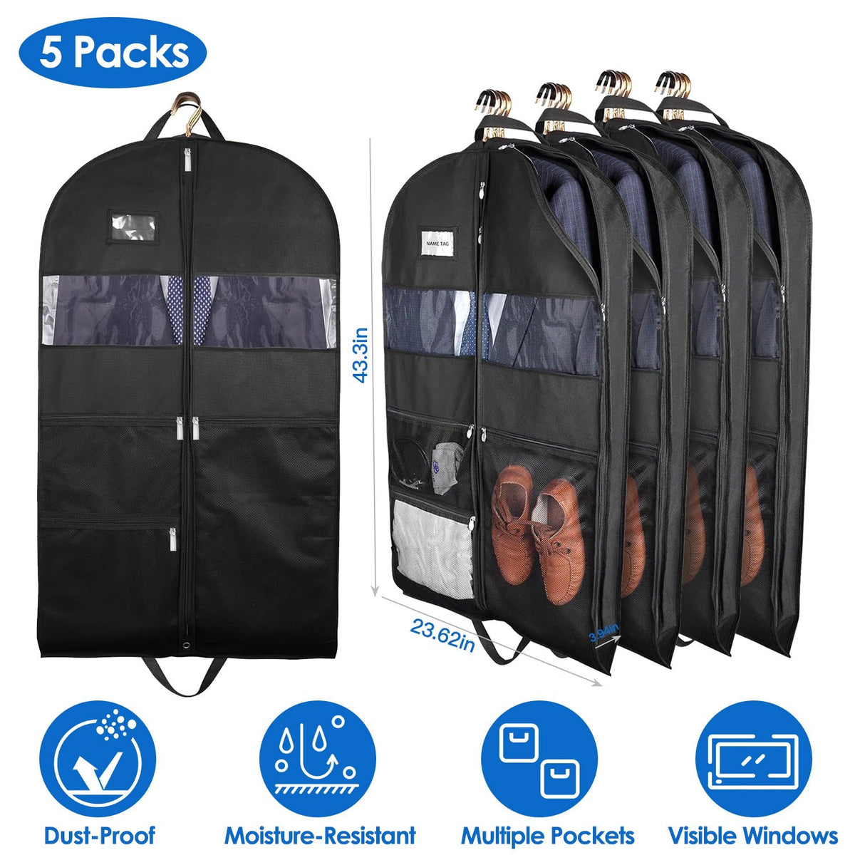 5 Packs Garment Bags Breathable Suit Bag Washable Clothes Cover Protector with Handles for Suits Coat Shirts T-shirts Jackets Dress for Adults Childre