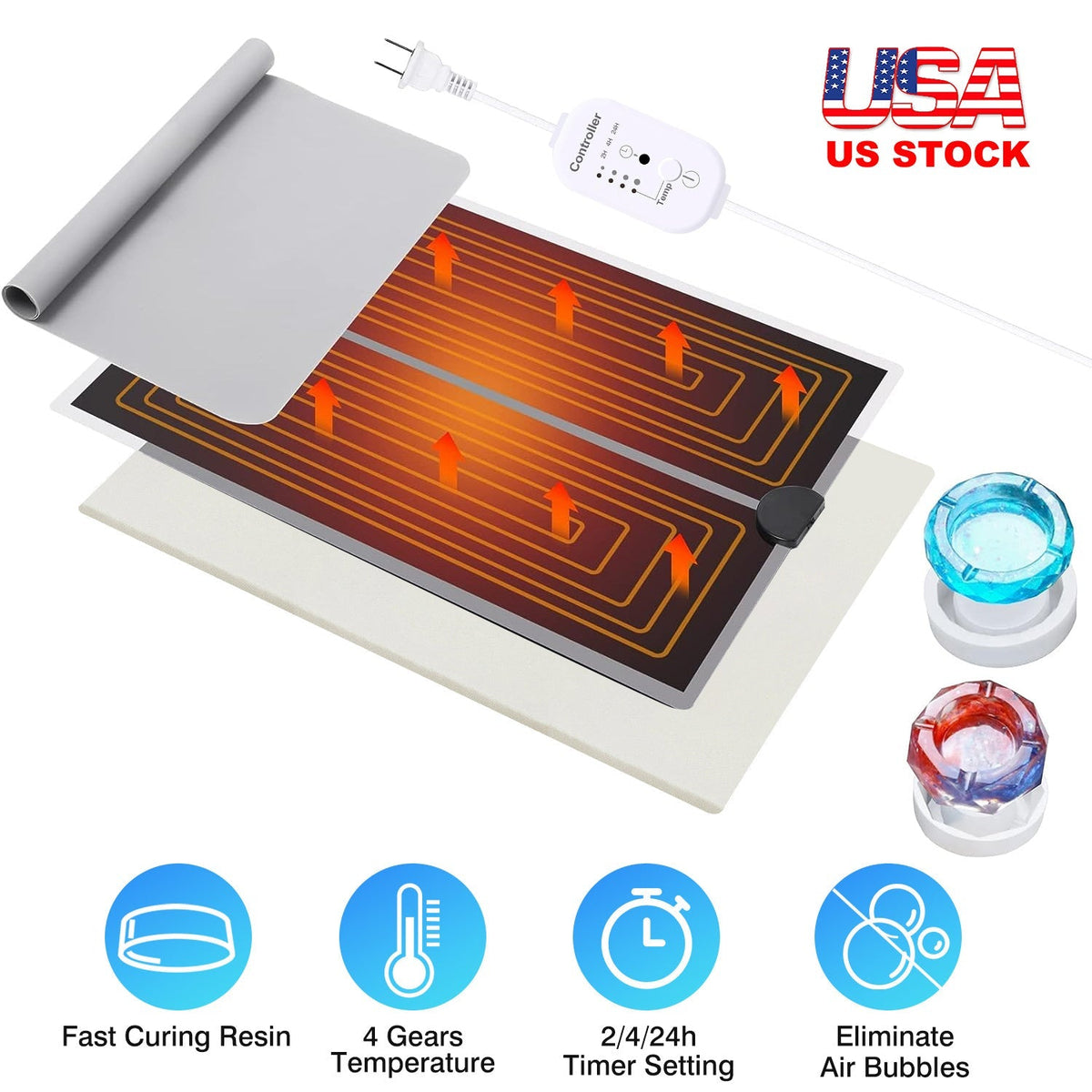 Resin Heating Mat with Smart Timer Setting Resin Curing Machine Silicone Mat Resin Dryer 4 Gear Temperature Adjustment for Resin Mold Silicone Mold Ep