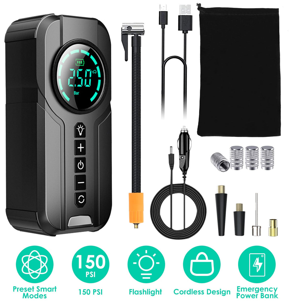Car Tire Inflator Pump Portable Car Air Compressor Wireless Electric Air Pump 150 PSI with LED Light