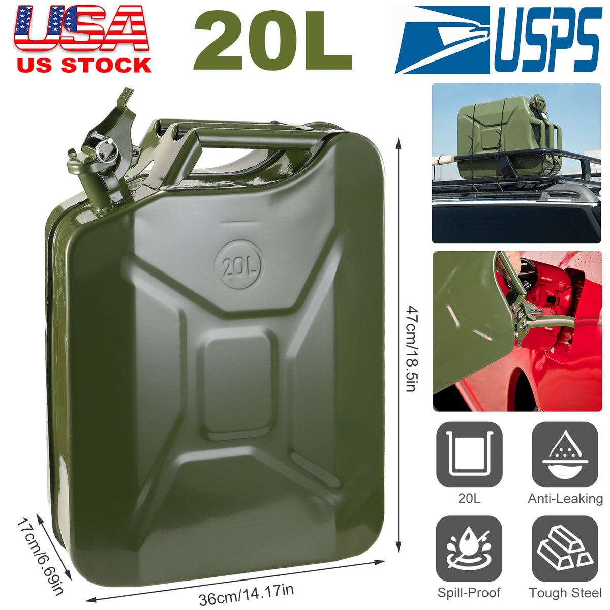 20L Gas Can 5 Gallon Spill Proof Gasoline Fuel Jerry Can Heavy Duty Steel