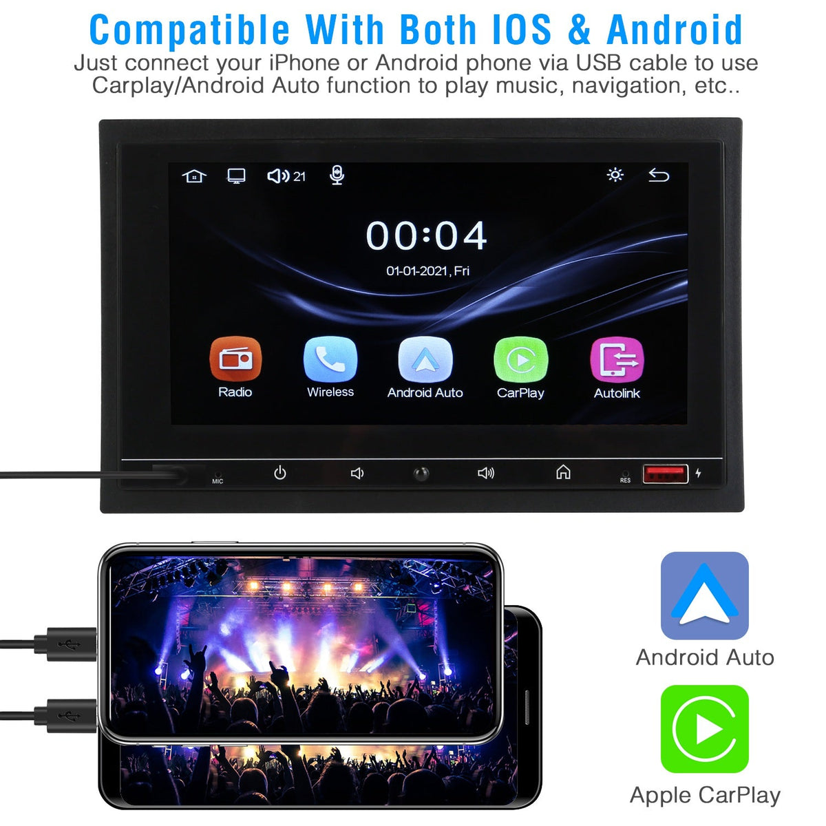 7In Universal Wireless Car MP5 Player 1080P Video Player Stereo Audio FM Radio Aux/USB Input with Rear View Camera Remote Control