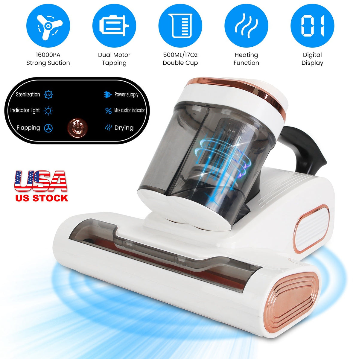 16000PA Double-Cup Bed Vacuum Cleaner 500W Mattress Handheld Vacuum Dust Mites Remover with Heating Function for Bed Sofa Rug