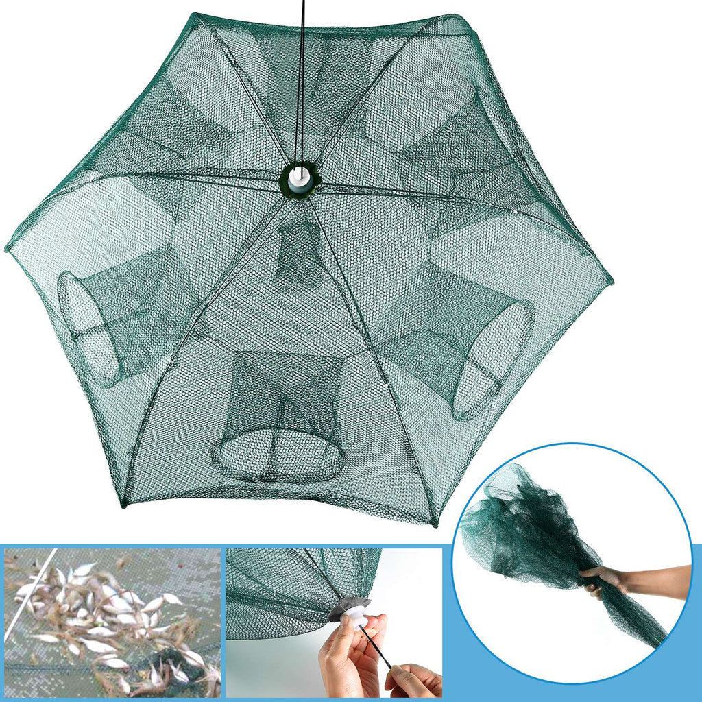 Fishing Trap Net Portable Folded Fishing Bait Trap Shrimp Minnow Crab Bait Net 6 Sides 6 Holes Crayfish Cast Mesh Trap Automatic