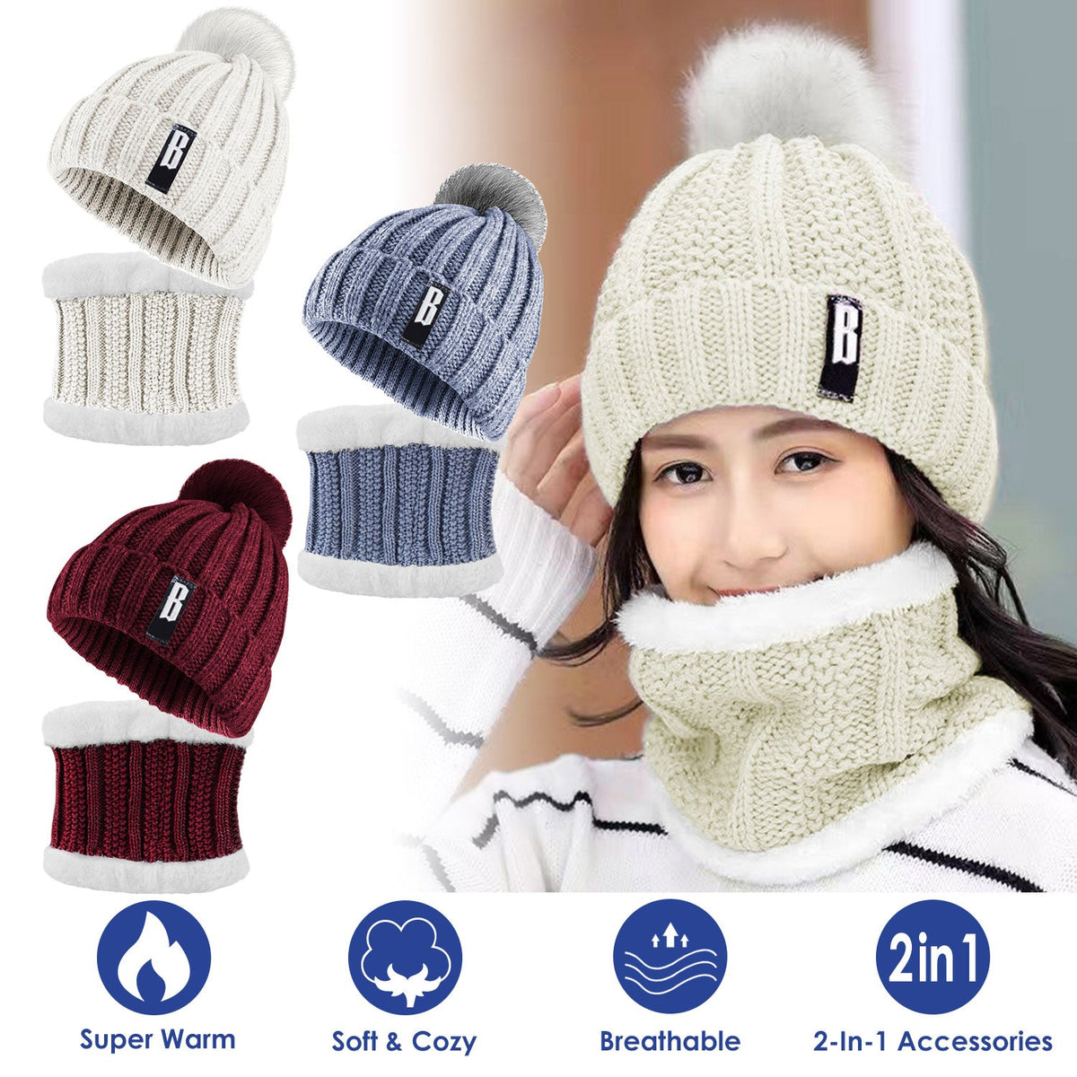 Winter Beanie Hat Scarf Set Women Warm Knitting Skull Cap Neck Warmer for Walking Running Hiking Camping Outdoors Gift