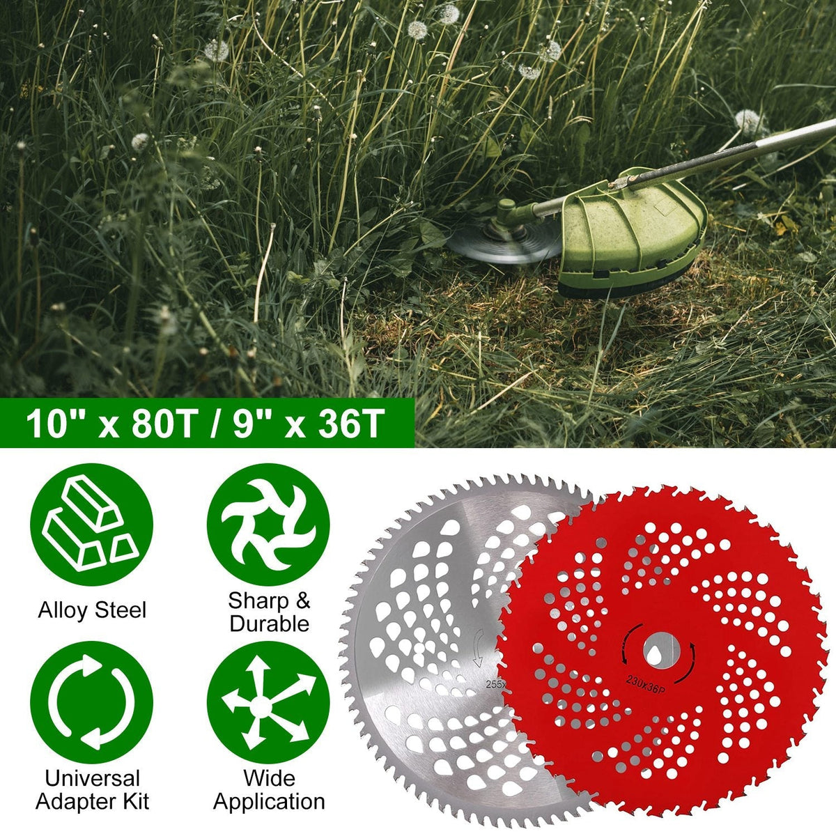 10" x 80T 9" x 36T Carbide Tip Brush Cutter Blades with Universal Adapter Kit Alloy Steel Blades Compatible with Brush Cutter Trimmer Weed Eater