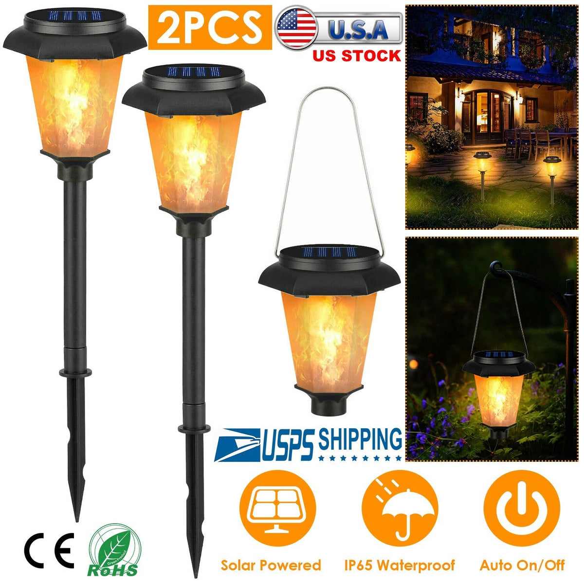 2Pcs Solar Flame Torch Light IP65 Waterproof Flickering Flame Stake Lamp Decorative Landscape Lamp For Garden Path Yard
