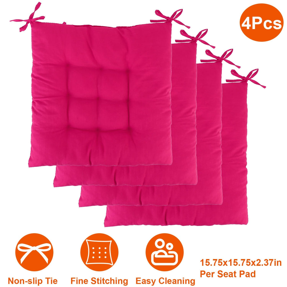 4Pcs Chair Cushion Pads Pillow 15.75x15.75x2.37in Soft Tie On Square Sitting Mats For Home Office Car Sitting Travel