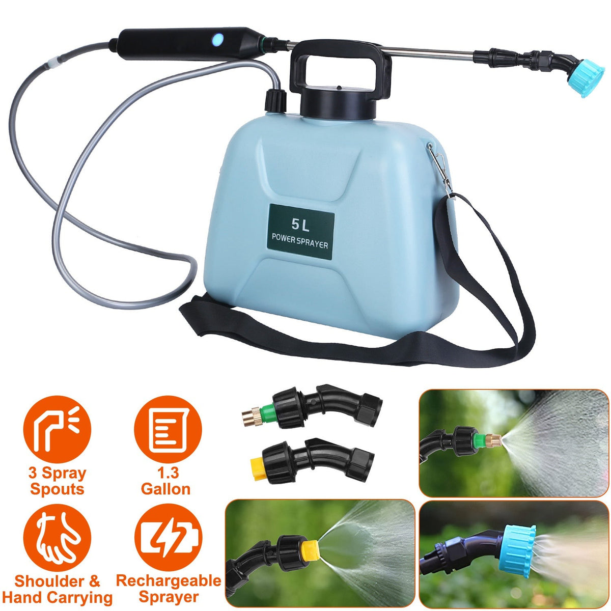 5L/1.3Gallon Electric Plant Sprayer Telescopic Rechargeable Garden Sprayer Automatic Handheld Sprayer with 3 Spray Spouts Shoulder Strap for Cleaning