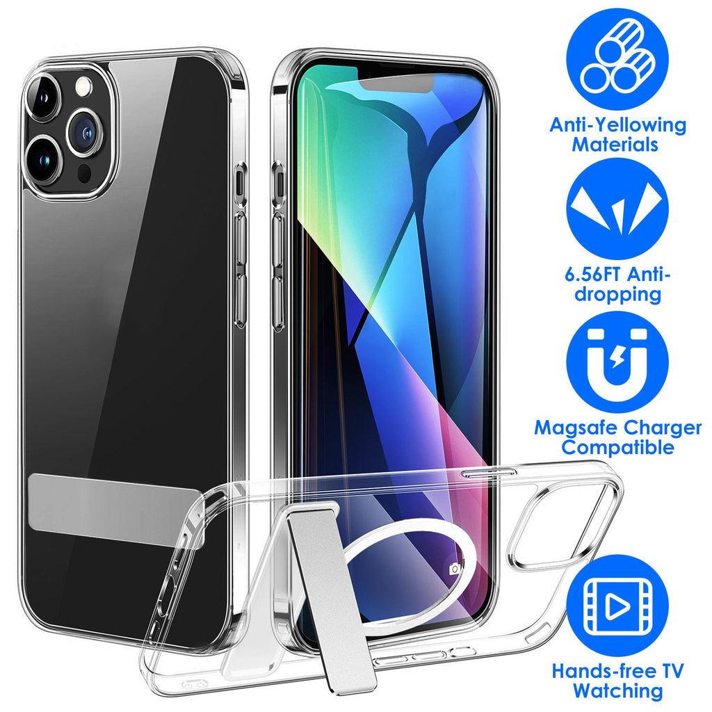 Magnetic Metal Kickstand Clear Case Shockproof Anti Yellowing Phone Cover Compatible with Magsafe Fit for IOS Phone 14