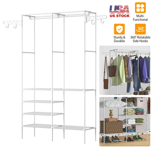 Metal Garment Rack Shoe Clothing Organizer Shelves Freestanding Multifunctional Clothes Wardrobe