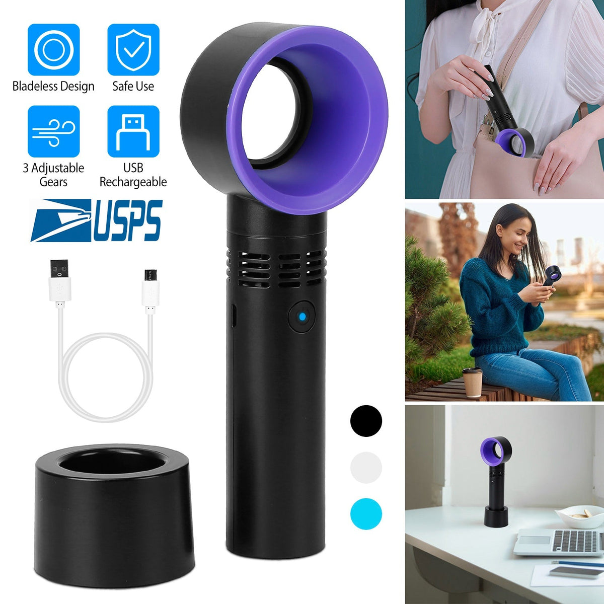 Portable Handheld Bladeless Fan Rechargeable Cooling USB Fan Desktop Use Fan w/ 3 Gears LED Indicator Cooling Fan