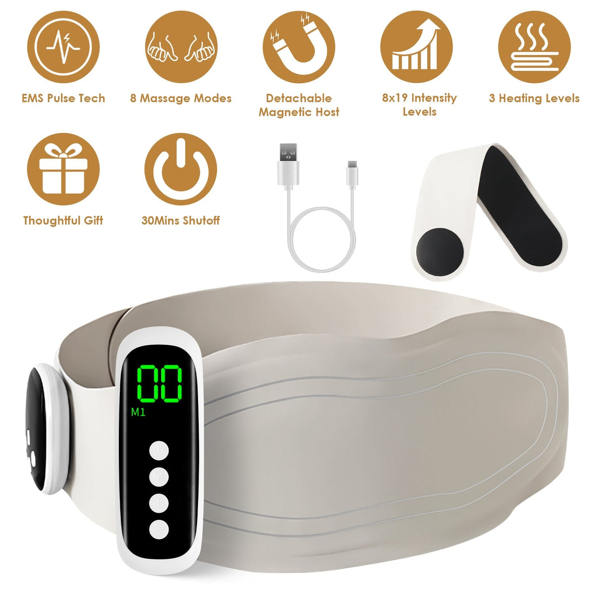 EMS Lower Back Massager Heating Pad Cordless Heating Pad for Back Belly Waist with Remote Magnetic Host 8 Modes 19 Intensity Levels 3 Heating Levels