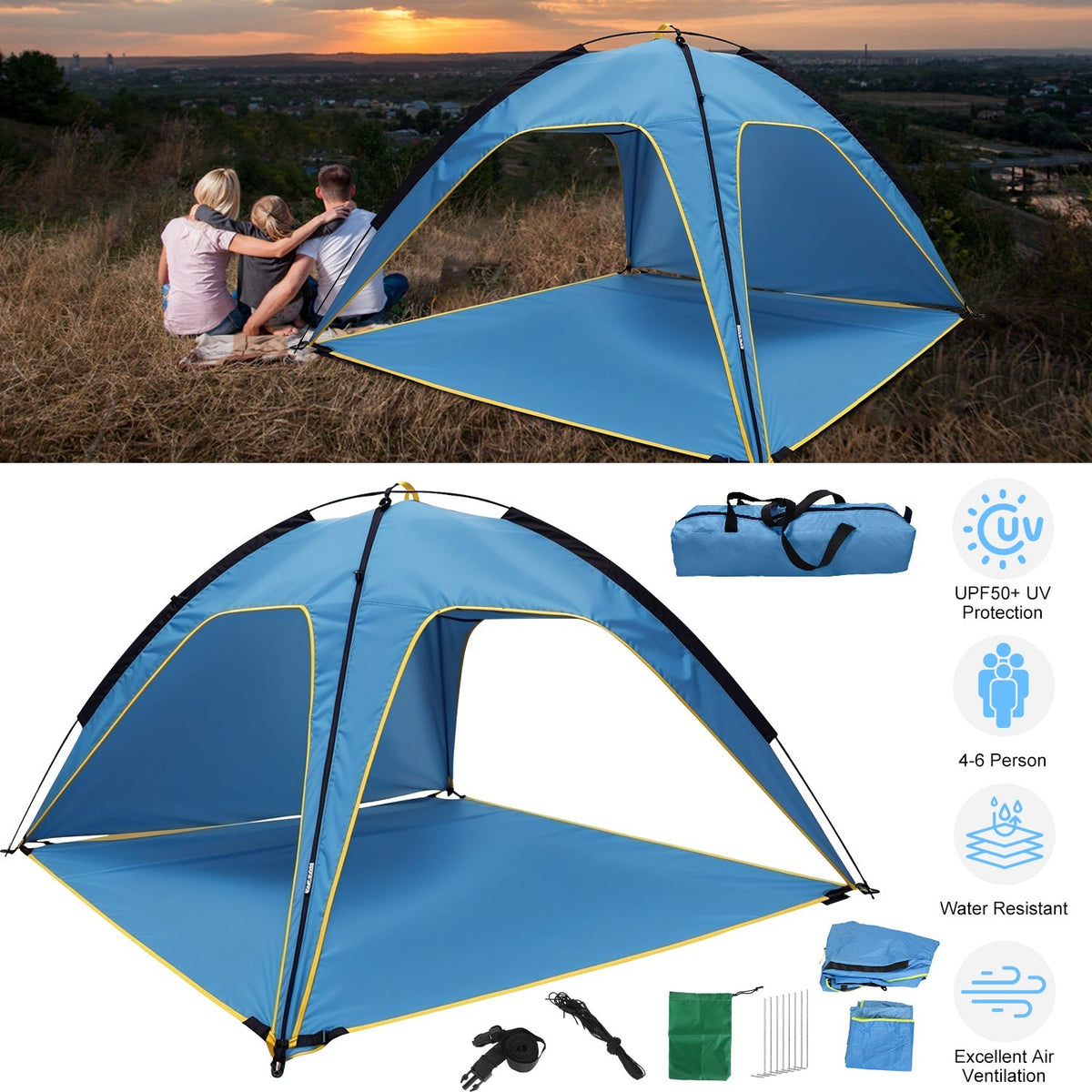 Beach Tent Outdoor Waterproof Tent Canopy for 4-6 Person with 3 Door Openings Carrying Bag UPF50+ Easy Setup for Beach Picnic Camping Hiking Adventure