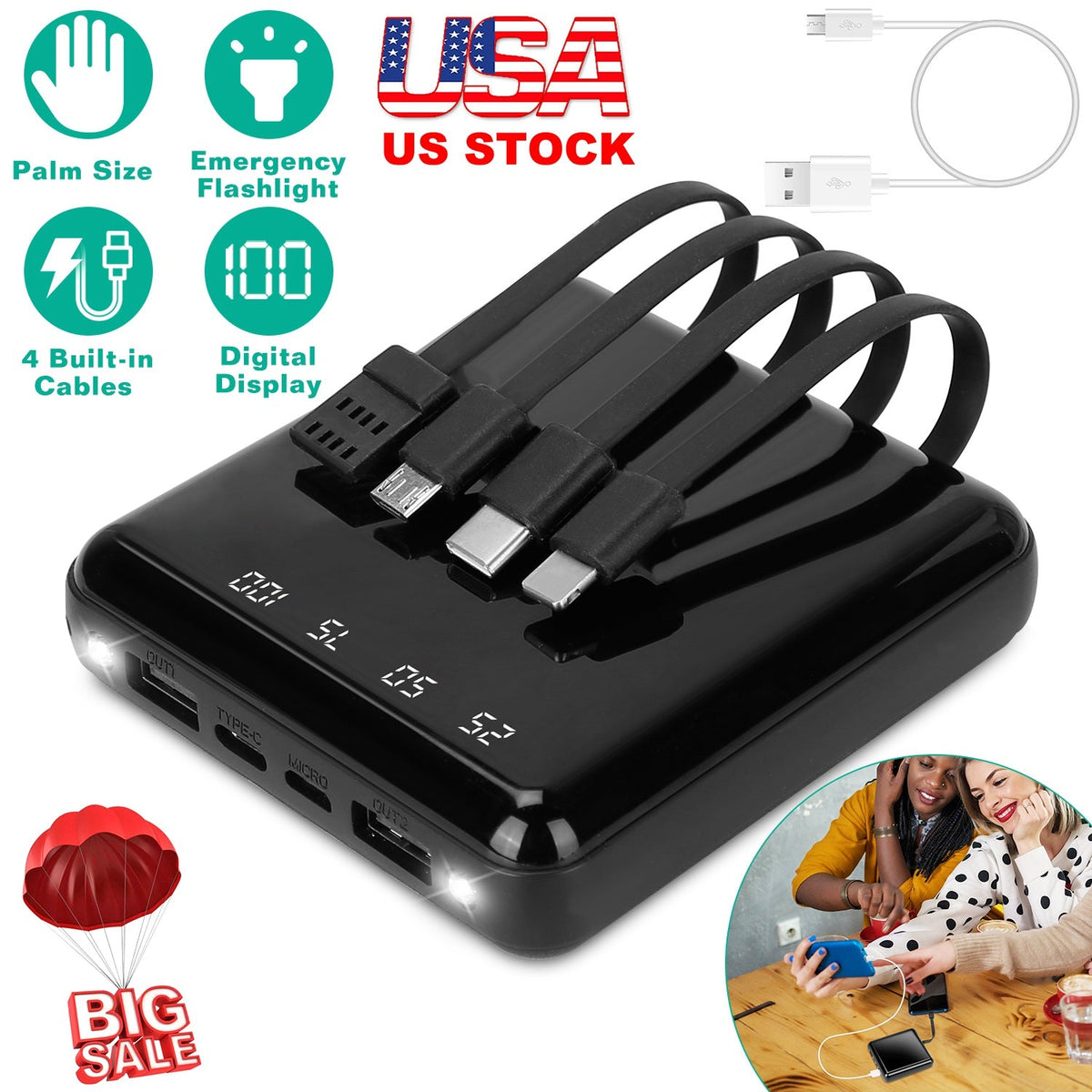 10000mAh Portable Charger Power Bank External Battery Pack w/ 4 Built-in Cables w/ LED Flashlight