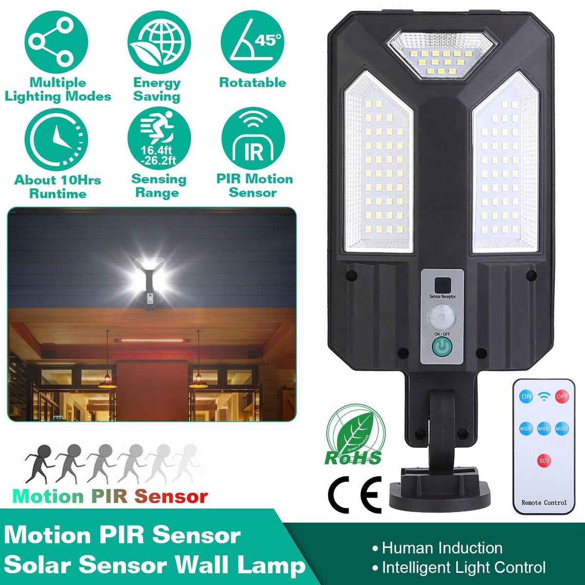 Solar Wall Light Outdoor 87 LED Beads PIR Motion Sensor Remote Control Wireless Lamps IP45 Waterproof Lighting for Garage Front Door Garden Pathway