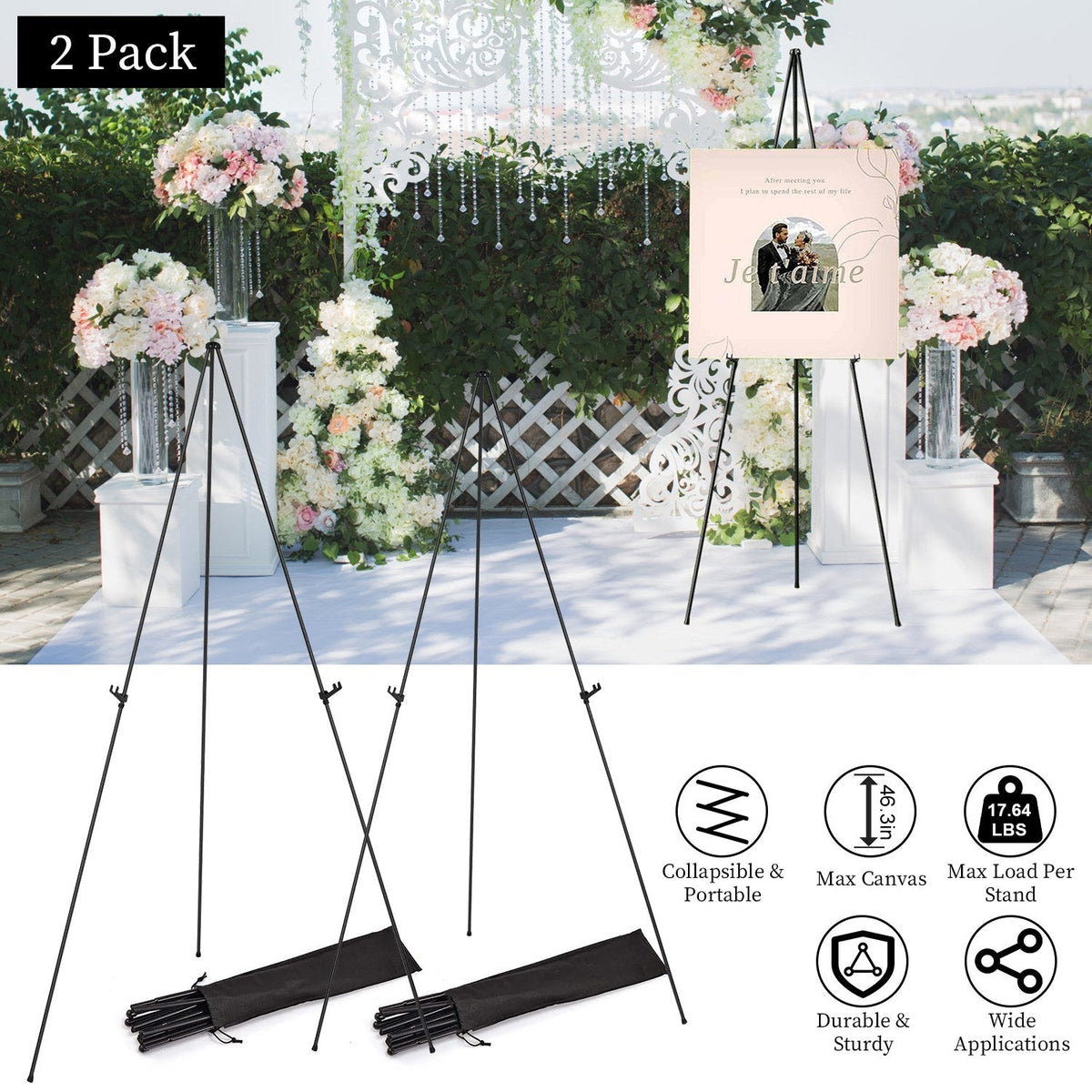 2 Pack Easel Stand for Display 61in Collapsible A Frame Tripod Easel Iron Alloy Drawing Stand with 2 Carry Bags for Wedding Poster Art Drawing Meeting