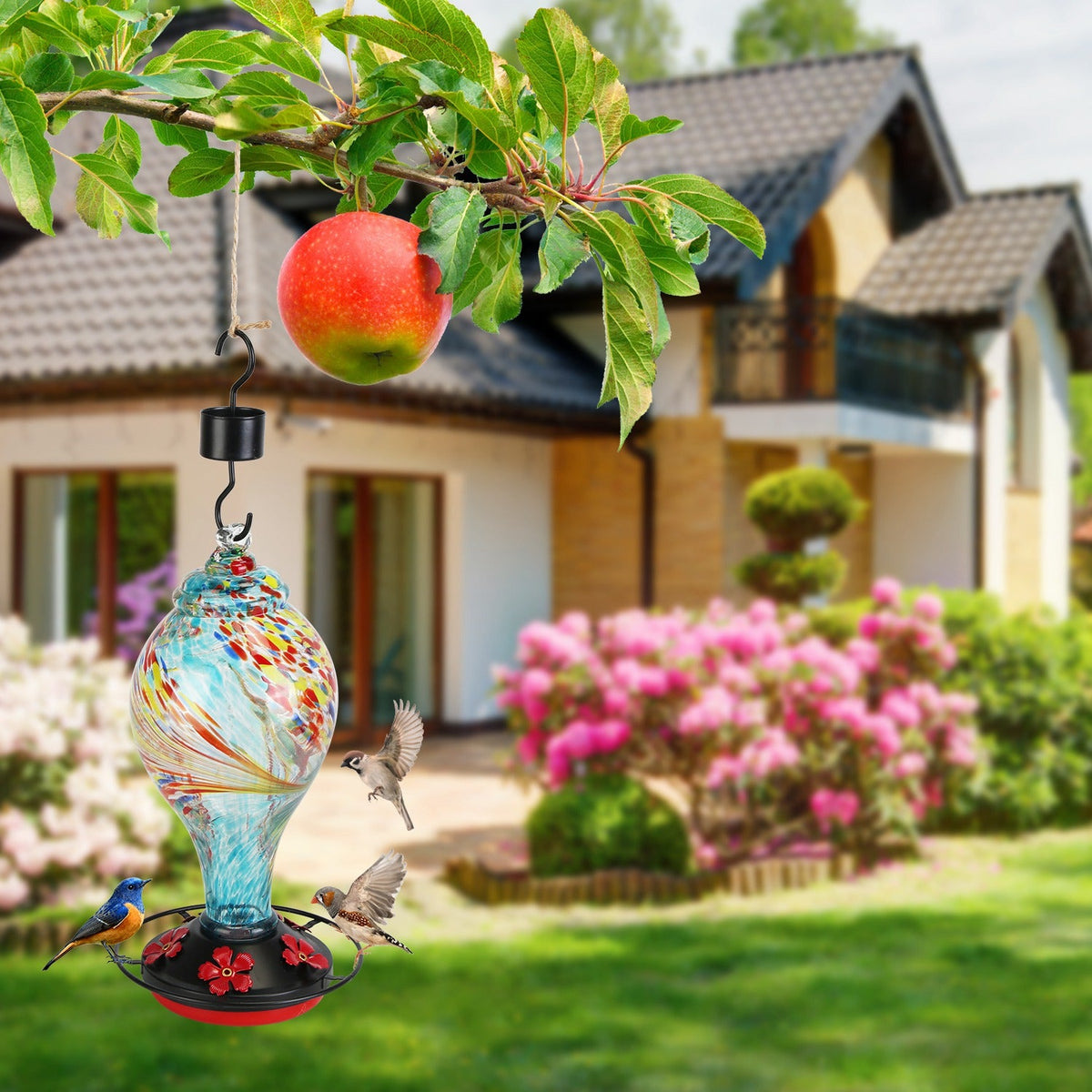Glass Hummingbird Feeder 33OZ Hand Blown Hummingbird Feeder with 5 Flower Feeding Port Perch Ant Moat Hanging Hook S Hook Hemp Rope Cleaning Brush for