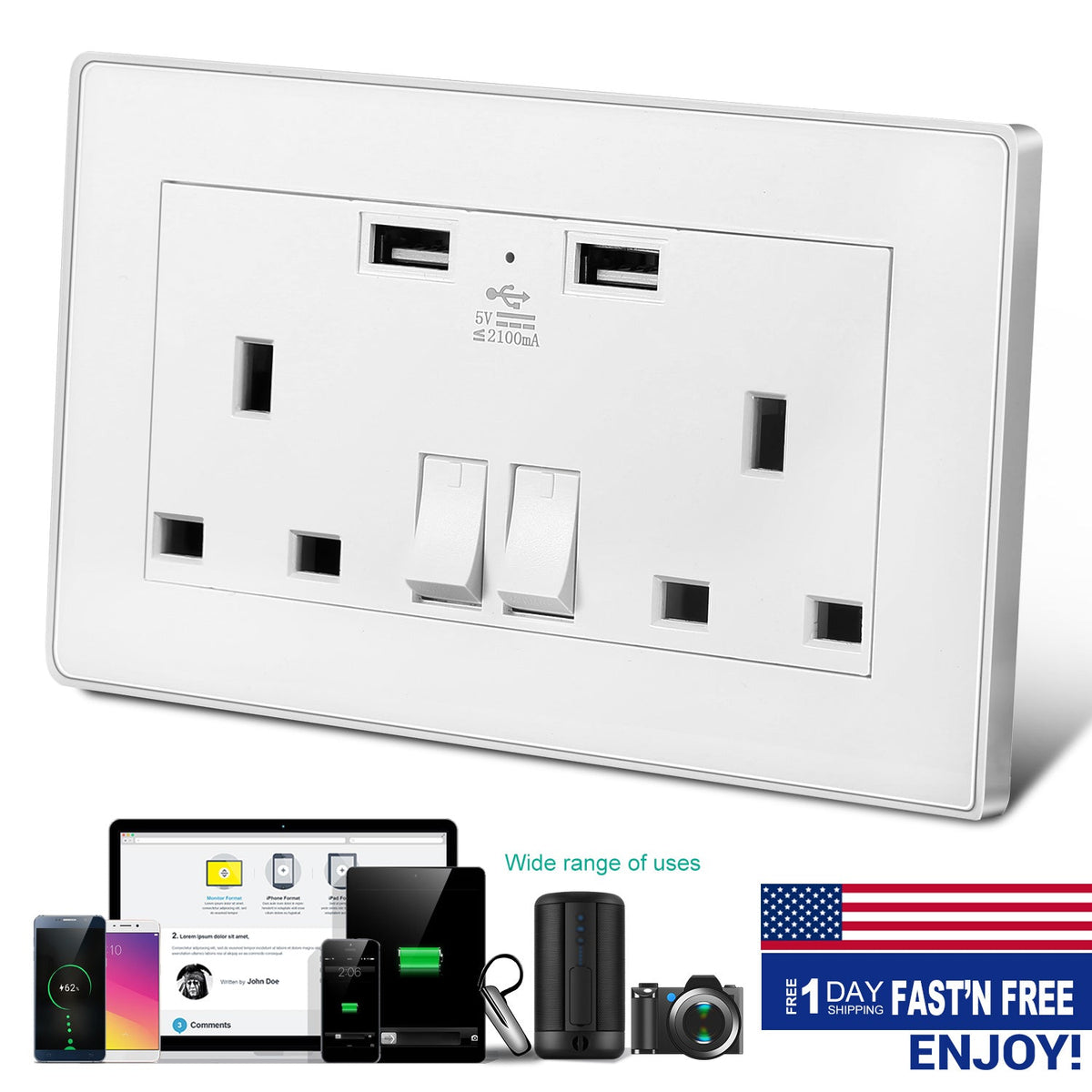 UK Wall Outlet Dual Wall Plug Socket Duplex 2.1A USB Wall Charger with Plug Switch Light Indicator