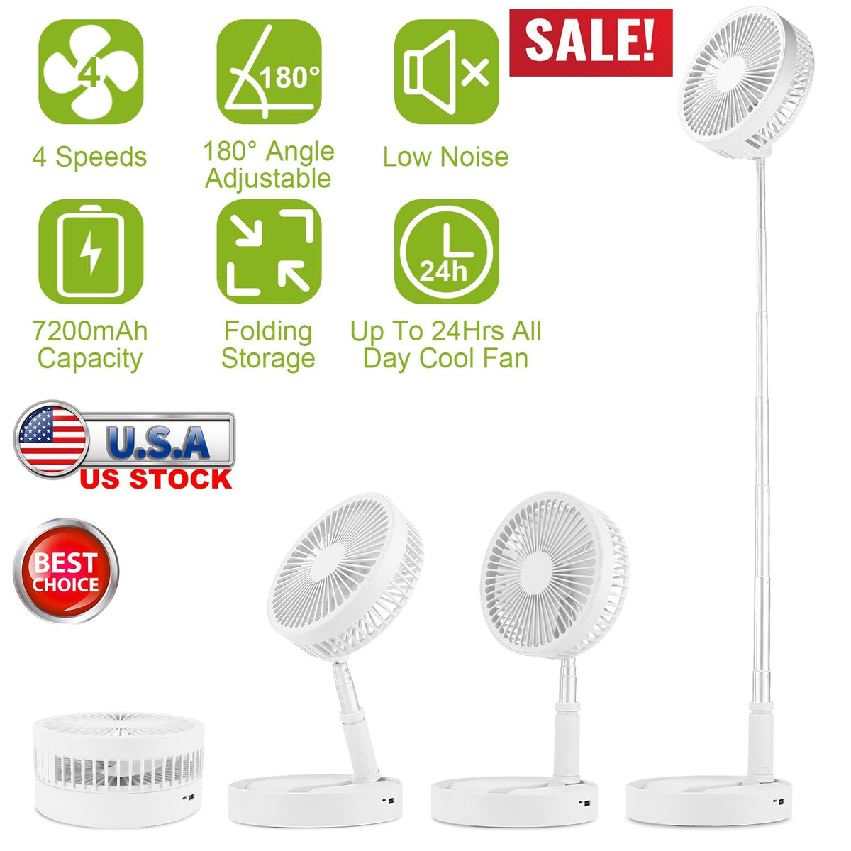 Portable Folding Desk Table Fan Quiet USB Rechargeable Telescopic Standing Floor Fan w/ 4 Speeds Adjustable Height 180¡ Tilting Angle For Office Home