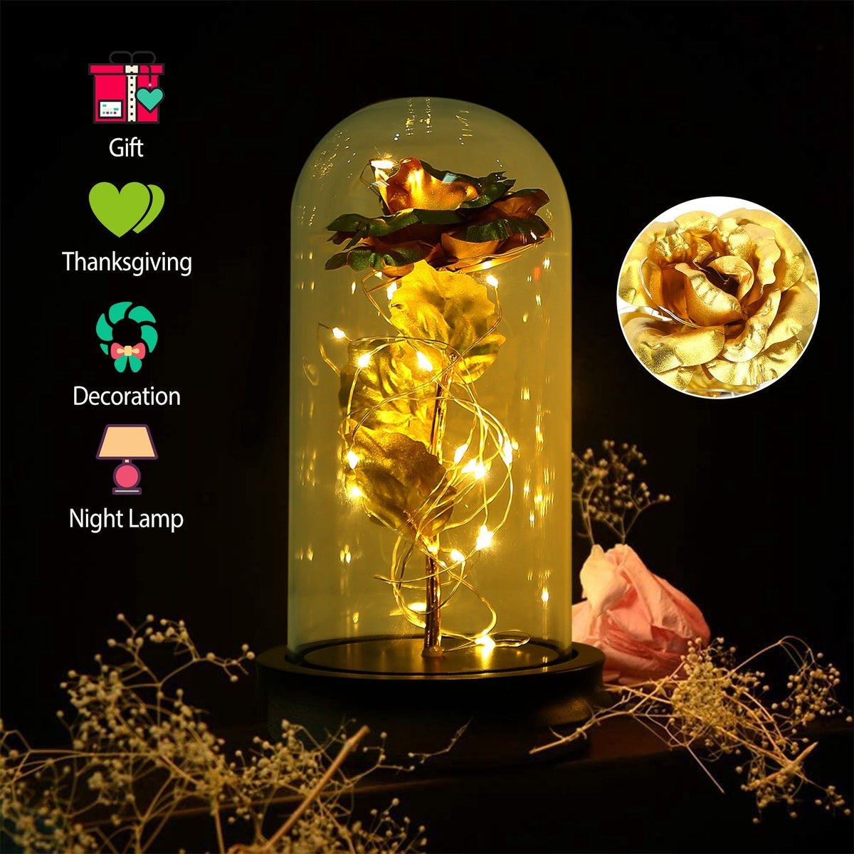 Foil Rose LED String Light Rose Fairy Lamp w/ Glass Dome For ValentinesÕ Day MotherÕs Day Wedding Birthday