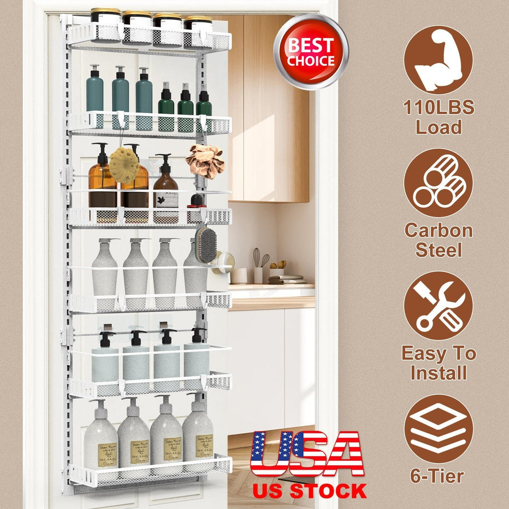 Over The Door Pantry Organizer 6-Tier Pantry Door Organizer Carbon Steel 110LBS Loading Easy Install Behind Door Storage For Closet Kitchen Bathroom 5