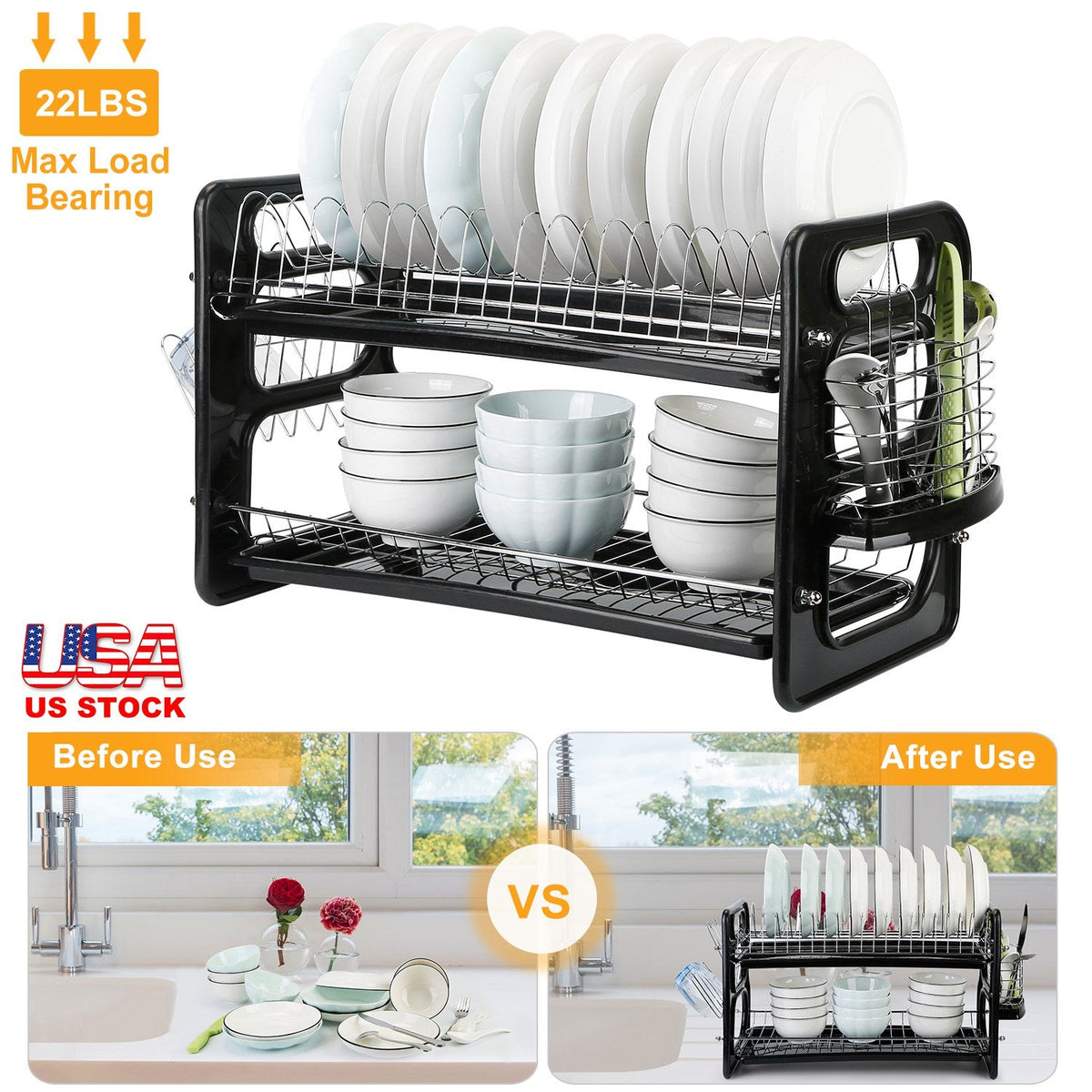 2 Tier Iron Dish Drying Rack Drainboard Set with Large Storage Anti-Rust Dish Drainer Shelf Tableware Holder Cup Holder For Kitchen Counter Storage