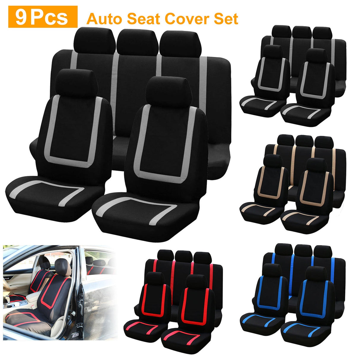 9Pcs Full Set Car Seat Covers For Auto Truck SUV Universal Front Rear Car Seats Headrest Protectors Split Bench Compatible