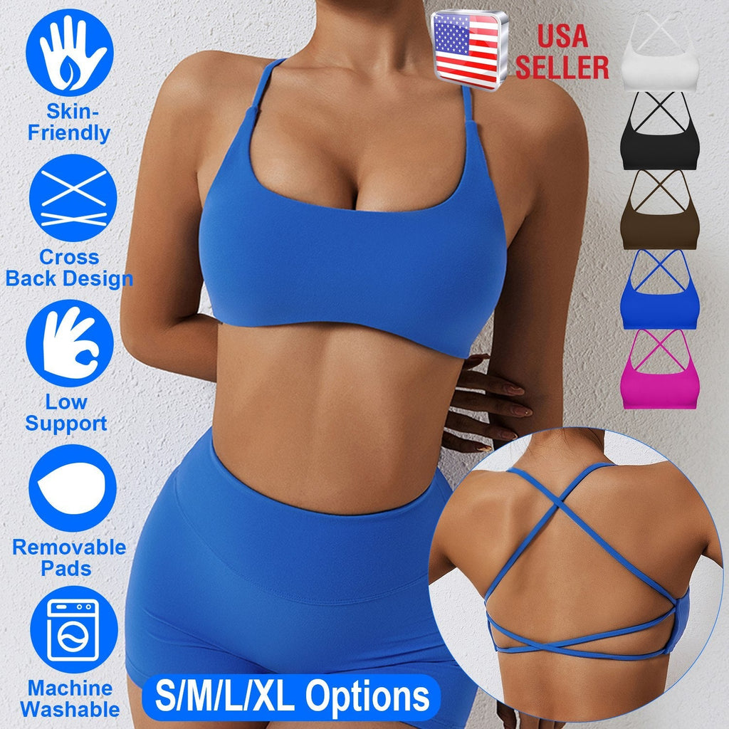 Women Cross Back Sport Bras Padded StrappyÊCrop Open Back Low Impact Bras SexyÊFitnessÊTank Tops with Removable Pads Thin Straps for Gym Yoga Workout