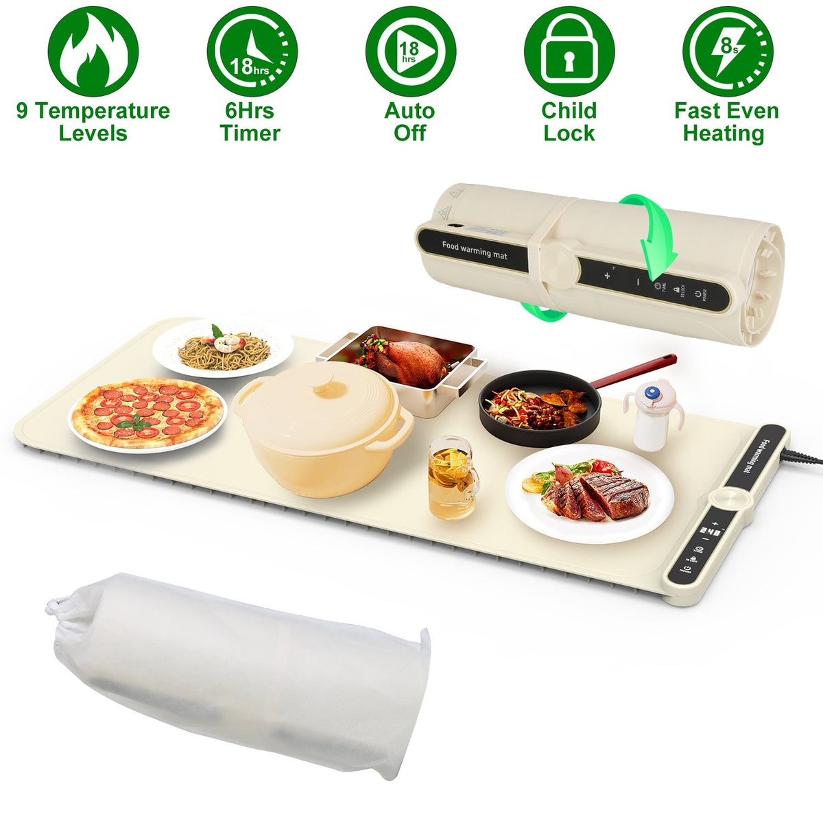 Silicone Food Warming Mat With 9 Temperature Levels 6Hrs Timer Child Lock Auto Shut Off Roll-Up Electric Warming Tray For Party Buffet Gathering Daily