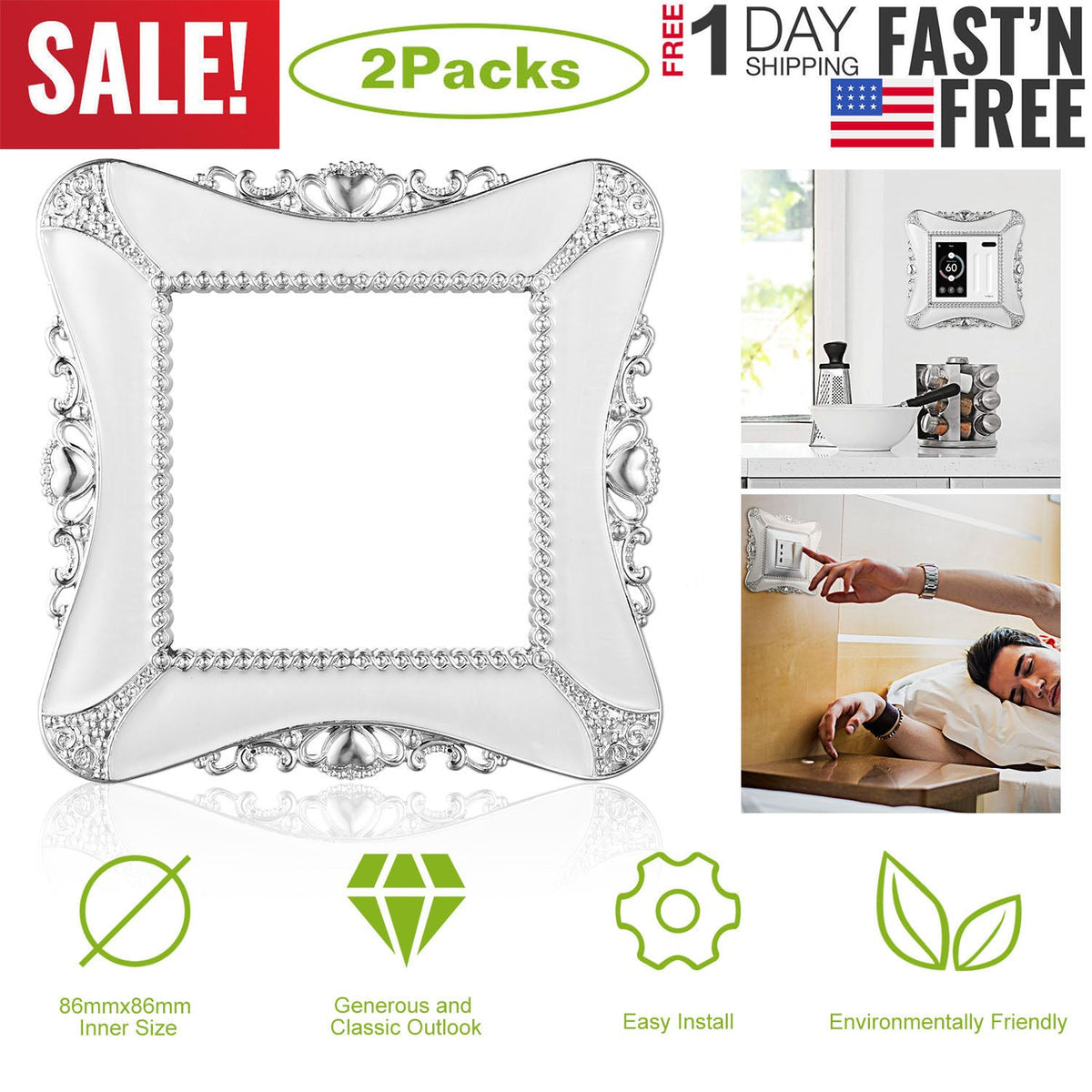 2 Packs Decorative Switch Cover European Romantic Wall Plate Protector w/Adhesive Sticker UK Style for Living Room Bathroom Kitchen
