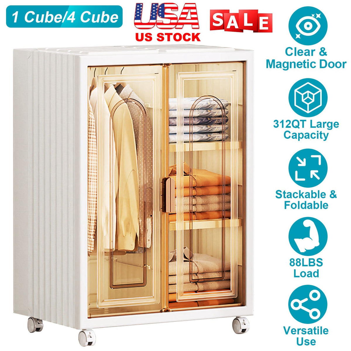 Small Wardrobe Closet Kids Wardrobe Clear Wardrobe Closet for Hanging Clothes Stackable Storage Cabinet with Magnetic Design for Living Room Bedroom D